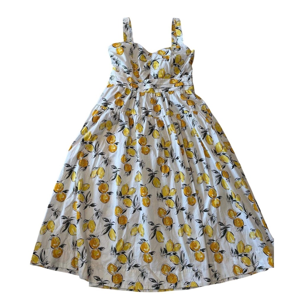 Free Assembly Lemon Print Cut-Out Midi Dress Cotton Smocked Back White Yellow M